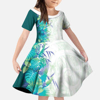Hawaii Tropical Plant Teal Family Matching Off The Shoulder Long Sleeve Dress and Hawaiian Shirt Vibrant Polynesian Pattern LT01 Daughter's Dress Teal - Polynesian Pride