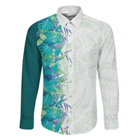 Hawaii Tropical Plant Teal Family Matching Off Shoulder Maxi Dress and Hawaiian Shirt Vibrant Polynesian Pattern LT01 Dad's Shirt - Long Sleeve Teal - Polynesian Pride