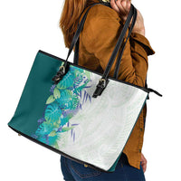 Hawaii Tropical Plant Teal Leather Tote Bag Vibrant Polynesian Pattern
