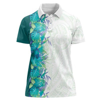 Hawaii Tropical Plant Teal Women Polo Shirt Vibrant Polynesian Pattern