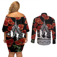 New Zealand ANZAC Day Couples Matching Off Shoulder Short Dress and Long Sleeve Button Shirt Poppy With Polynesian Pattern LT01 - Polynesian Pride