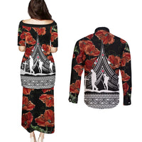 New Zealand ANZAC Day Couples Matching Puletasi Dress and Long Sleeve Button Shirt Poppy With Polynesian Pattern LT01 - Polynesian Pride