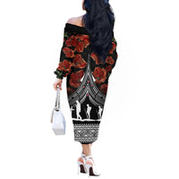 New Zealand ANZAC Day Off The Shoulder Long Sleeve Dress Poppy With Polynesian Pattern LT01 - Polynesian Pride