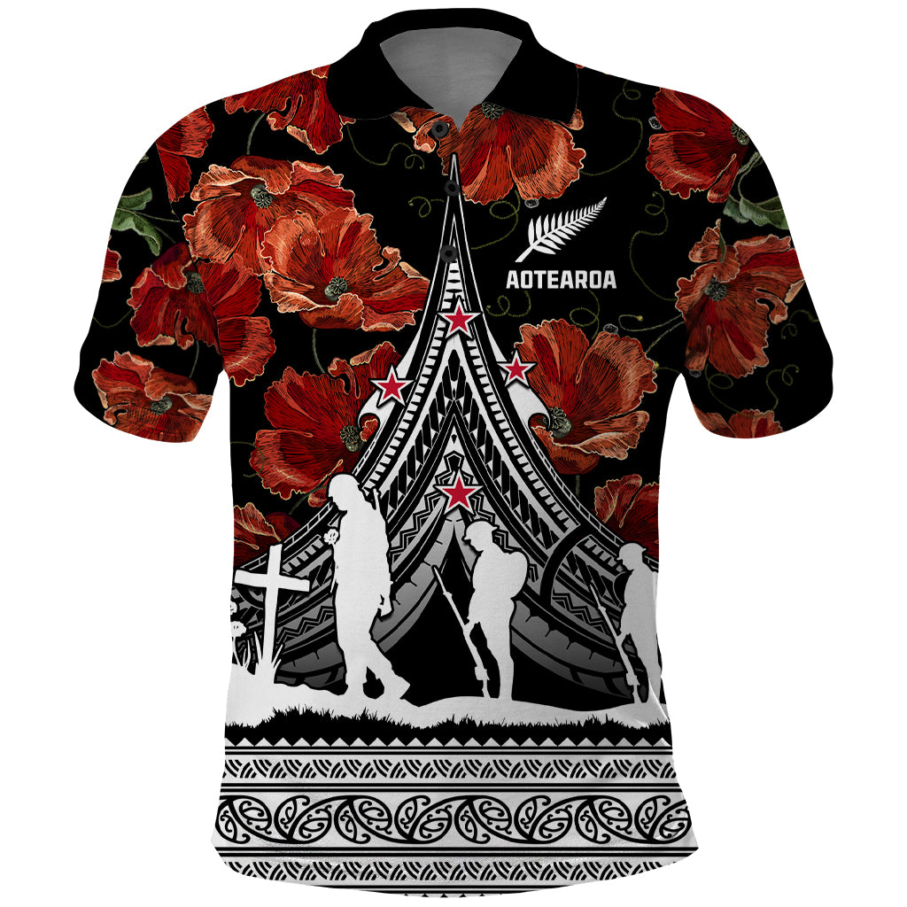 New Zealand ANZAC Day Polo Shirt Poppy With Polynesian Pattern LT01 Black - Polynesian Pride