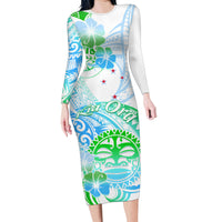 Kia Ora Maori New Zealand Pastel Family Matching Long Sleeve Bodycon Dress and Hawaiian Shirt Sun Ta Moko Aqua Green Version LT01 Mom's Dress Aqua - Polynesian Pride