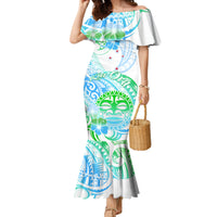 Kia Ora Maori New Zealand Pastel Family Matching Mermaid Dress and Hawaiian Shirt Sun Ta Moko Aqua Green Version LT01 Mom's Dress Aqua - Polynesian Pride