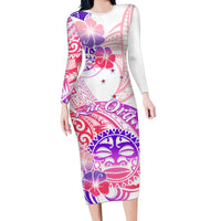 Kia Ora Maori New Zealand Pastel Family Matching Long Sleeve Bodycon Dress and Hawaiian Shirt Sun Ta Moko Sweet Version LT01 Mom's Dress Pink - Polynesian Pride