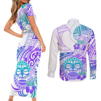 Kia Ora Maori New Zealand Pastel Couples Matching Short Sleeve Bodycon Dress and Long Sleeve Button Shirt Sun Ta Moko Violet Version LT01 - Polynesian Pride