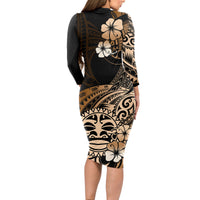 Aotearoa Kia Ora New Zealand Ta Moko Gold Version Long Sleeve Bodycon Dress LT01 - Polynesian Pride