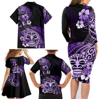 Aotearoa Kia Ora New Zealand Ta Moko Purple Version Family Matching Long Sleeve Bodycon Dress and Hawaiian Shirt LT01 - Polynesian Pride