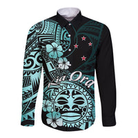Aotearoa Kia Ora New Zealand Ta Moko Turquoise Version Long Sleeve Button Shirt LT01 Unisex Turquoise - Polynesian Pride