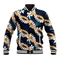 Puakenikeni Maile Lei Baseball Jacket Frangipani Blue Tropical Leaves