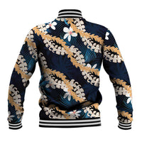 Puakenikeni Maile Lei Baseball Jacket Frangipani Blue Tropical Leaves