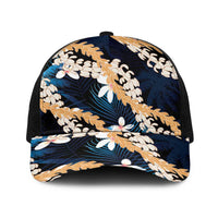 Puakenikeni Maile Lei Baseball Net Cap Frangipani Blue Tropical Leaves