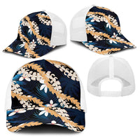 Puakenikeni Maile Lei Baseball Net Cap Frangipani Blue Tropical Leaves