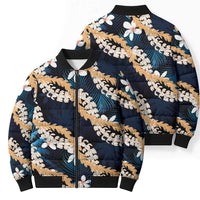 Puakenikeni Maile Lei Bomber Puffer Jacket Frangipani Blue Tropical Leaves