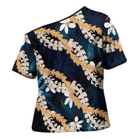 Puakenikeni Maile Lei Cross Shoulder Shirt Frangipani Blue Tropical Leaves LT01 - Polynesian Pride