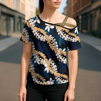 Puakenikeni Maile Lei Cross Shoulder Shirt Frangipani Blue Tropical Leaves LT01 - Polynesian Pride