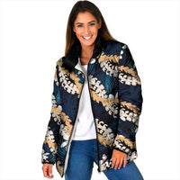 Puakenikeni Maile Lei Padded Jacket Frangipani Blue Tropical Leaves
