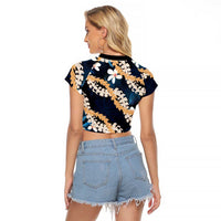 Puakenikeni Maile Lei Raglan Cropped T Shirt Frangipani Blue Tropical Leaves LT01 - Polynesian Pride