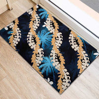 Puakenikeni Maile Lei Rubber Doormat Frangipani Blue Tropical Leaves