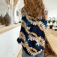 Puakenikeni Maile Lei Women Casual Shirt Frangipani Blue Tropical Leaves