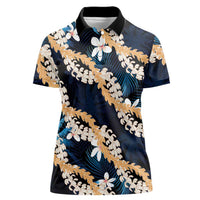 Puakenikeni Maile Lei Women Polo Shirt Frangipani Blue Tropical Leaves