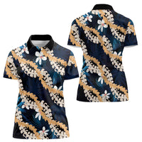 Puakenikeni Maile Lei Women Polo Shirt Frangipani Blue Tropical Leaves