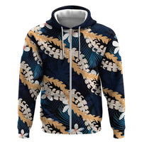 Puakenikeni Maile Lei Zip Hoodie Frangipani Blue Tropical Leaves