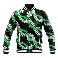 Puakenikeni Maile Lei Baseball Jacket Frangipani Green Tropical Leaves