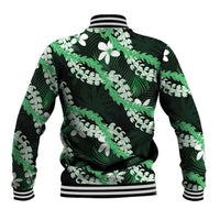 Puakenikeni Maile Lei Baseball Jacket Frangipani Green Tropical Leaves