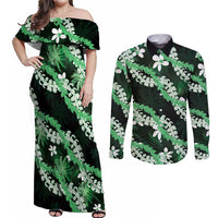 Puakenikeni Maile Lei Couples Matching Off Shoulder Maxi Dress and Long Sleeve Button Shirt Frangipani Green Tropical Leaves