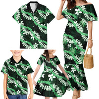 Puakenikeni Maile Lei Family Matching Mermaid Dress and Hawaiian Shirt Frangipani Green Tropical Leaves