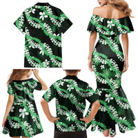 Puakenikeni Maile Lei Family Matching Mermaid Dress and Hawaiian Shirt Frangipani Green Tropical Leaves