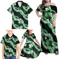Puakenikeni Maile Lei Family Matching Off Shoulder Maxi Dress and Hawaiian Shirt Frangipani Green Tropical Leaves