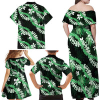 Puakenikeni Maile Lei Family Matching Off Shoulder Maxi Dress and Hawaiian Shirt Frangipani Green Tropical Leaves