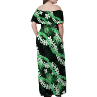 Puakenikeni Maile Lei Family Matching Off Shoulder Maxi Dress and Hawaiian Shirt Frangipani Green Tropical Leaves