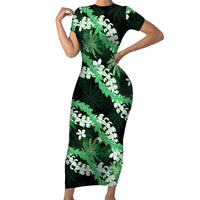 Puakenikeni Maile Lei Short Sleeve Bodycon Dress Frangipani Green Tropical Leaves