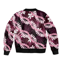 Puakenikeni Maile Lei Bomber Jacket Frangipani Pink Tropical Leaves
