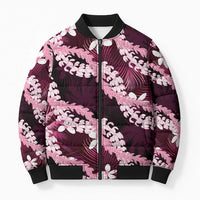 Puakenikeni Maile Lei Bomber Puffer Jacket Frangipani Pink Tropical Leaves