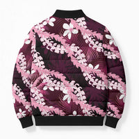 Puakenikeni Maile Lei Bomber Puffer Jacket Frangipani Pink Tropical Leaves