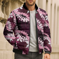 Puakenikeni Maile Lei Bomber Puffer Jacket Frangipani Pink Tropical Leaves