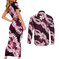 Puakenikeni Maile Lei Couples Matching Short Sleeve Bodycon Dress and Long Sleeve Button Shirt Frangipani Pink Tropical Leaves