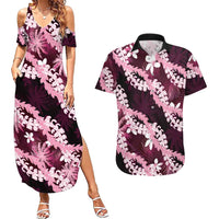 Puakenikeni Maile Lei Couples Matching Summer Maxi Dress and Hawaiian Shirt Frangipani Pink Tropical Leaves