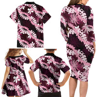 Puakenikeni Maile Lei Family Matching Long Sleeve Bodycon Dress and Hawaiian Shirt Frangipani Pink Tropical Leaves