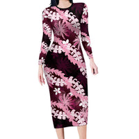 Puakenikeni Maile Lei Family Matching Long Sleeve Bodycon Dress and Hawaiian Shirt Frangipani Pink Tropical Leaves