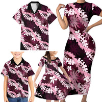 Puakenikeni Maile Lei Family Matching Short Sleeve Bodycon Dress and Hawaiian Shirt Frangipani Pink Tropical Leaves