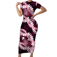 Puakenikeni Maile Lei Family Matching Short Sleeve Bodycon Dress and Hawaiian Shirt Frangipani Pink Tropical Leaves