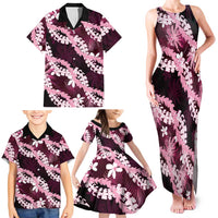 Puakenikeni Maile Lei Family Matching Tank Maxi Dress and Hawaiian Shirt Frangipani Pink Tropical Leaves