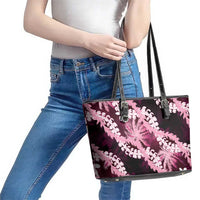 Puakenikeni Maile Lei Leather Tote Bag Frangipani Pink Tropical Leaves LT01 - Polynesian Pride